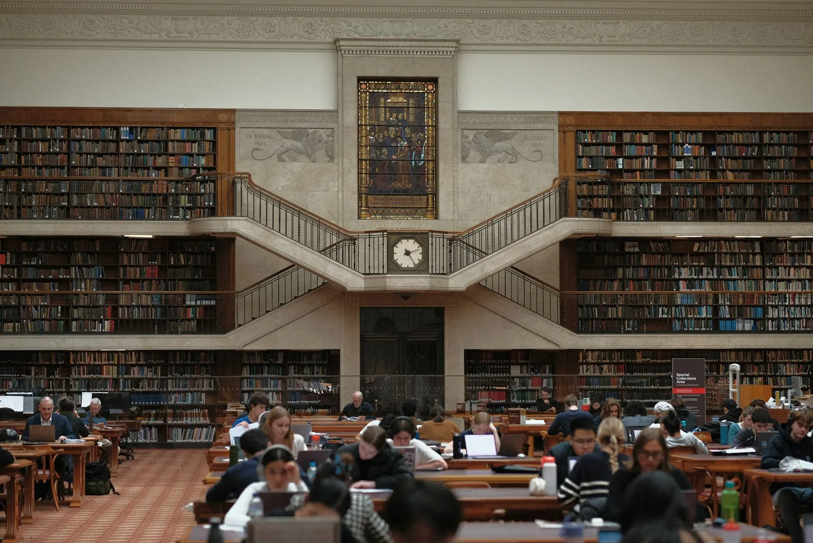 Quiet study room with tall bookshelves